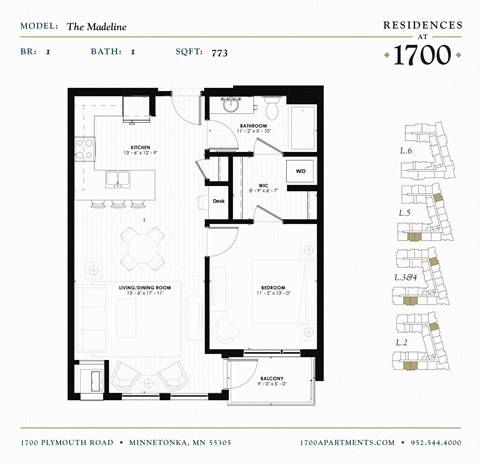 Floor plan for 1 bed, 1 bath, 773 sqft